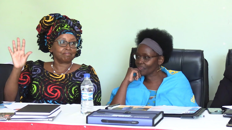 Siaya First Lady Betty Orengo (L) and Kisumu first lady Dorothy Nyong'o in Migori town on Tuesday during the launch of the project