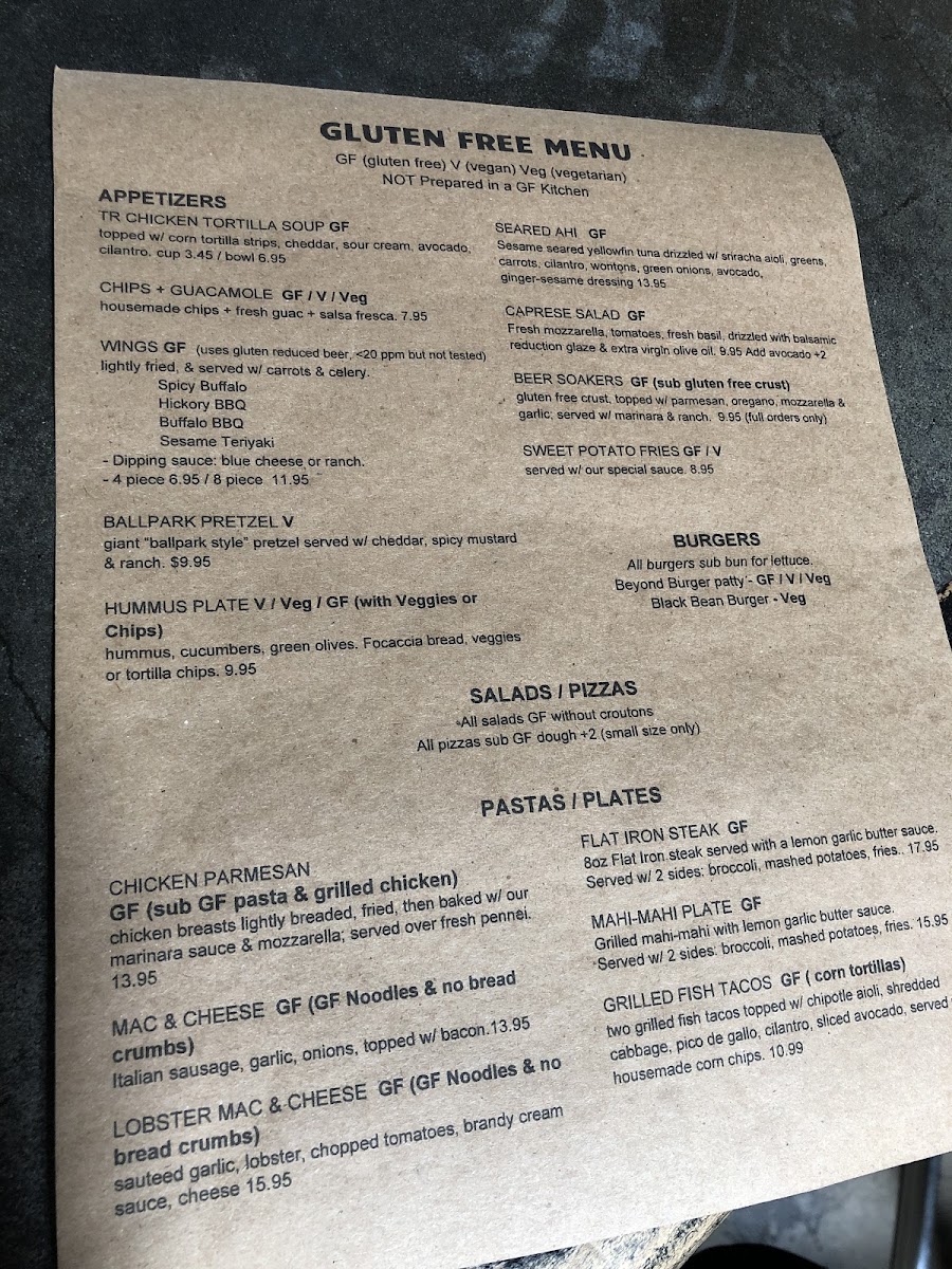 SD Tap Room gluten-free menu