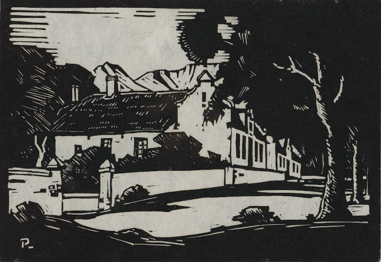 Plaas Kromrivier by Jacob Hendrik Pierneef. Signed and dated 1949 in pencil in the margin. Linocut on Mulberry paper Plate size: 14 by 20cm
