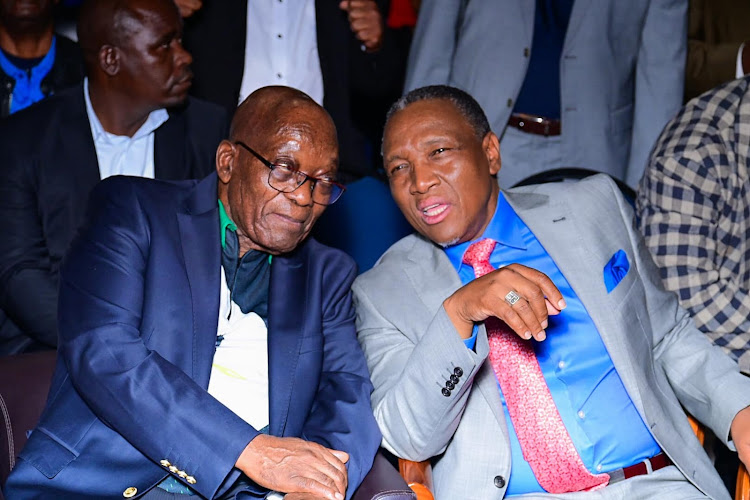 Former president Jacob Zuma and Rivers of Living Waters Ministries Bishop Bafana Stephen Zondo chat during Zuma’s visit to the church. Picture: SUPPLIED