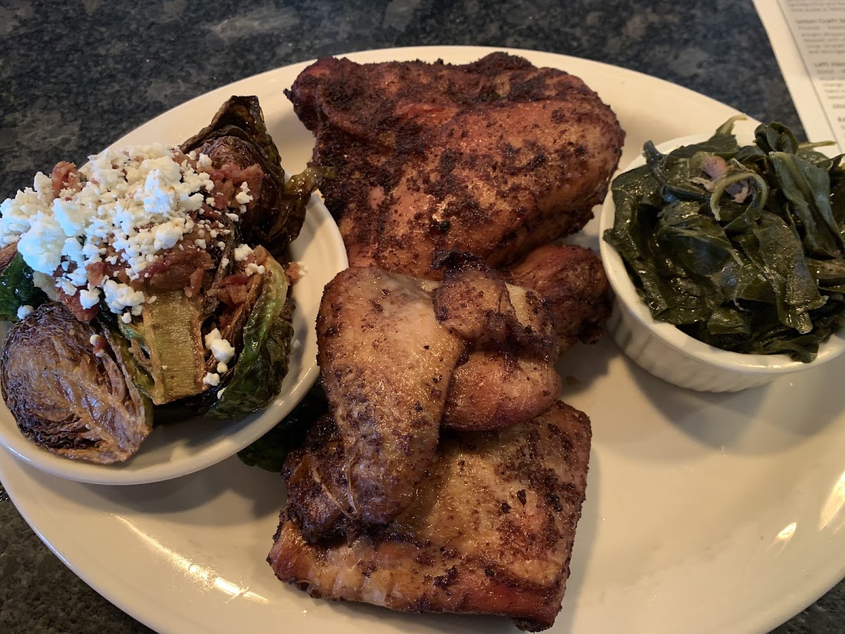 Smoked fried chicken w/ brussels and collard greens