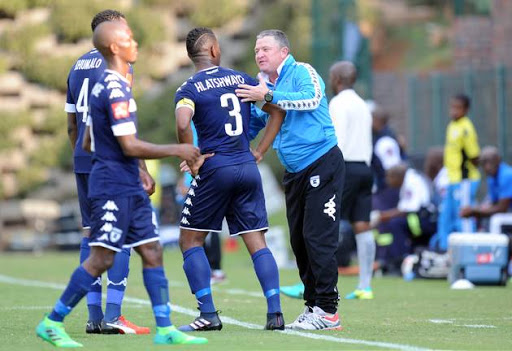 Gavin Hunt having a word with Thulani Hlatshwayo during the Absa Premiership match between Bidvest Wits and Maritzburg United at Bidvest Stadium on May 07, 2017 in Johannesburg, South Africa.