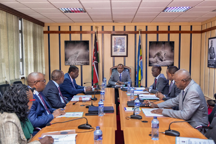 Interior CS Kithure Kindiki Chairing the 2nd Quarterly Meeting (2024) of the Counter Terrorism Financing Inter-Ministerial Committee attended by Musalia Mudavadi (Prime Cabinet Secretary and Cabinet Secretary for Foreign and Diaspora Affairs), Prof. Njuguna Ndung'u (Cabinet Secretary for the National Treasury and Economic Planning), Justin Muturi (Attorney General), Dr. Kamau Thugge (Governor, Central Bank of Kenya), Eng. Japhet Koome (Inspector General, National Police Service), Dr. Rosalind Nyawira (Director, National Counter Terrorism Centre) and Saitoti Maika (Director General, Financial Reporting Centre) on May 6, 2024.