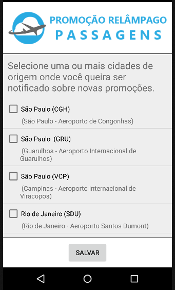 Android application Promoção Relâmpago Passagens screenshort