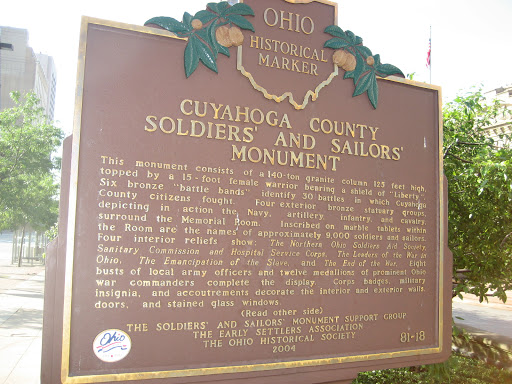 Cuyahoga County Soldiers' and Sailors' Monument This monument consists of a 140-ton granite column 125 feet high, topped by a 15-foot female warrior bearing a shield of "Liberty". Six bronze...