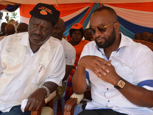 ODM party leader Raila Odinga and deputy Hassan Joho (Mombasa Governor) at Mutesengo Primary School in Kilifi where they donated food, November 23, 2016. / JOHN CHESOLI