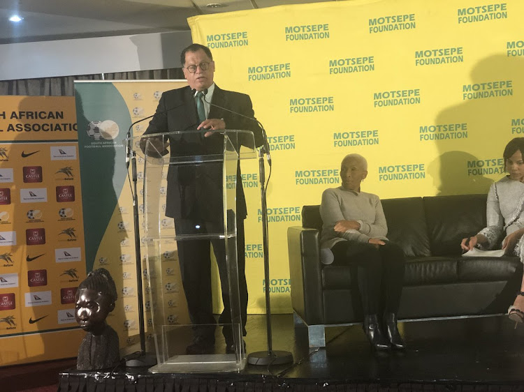 SA Football Association (Safa) president Danny Jordaan speaks to the media during the launch of the ABC Motsepe League launch for the national playoffs at Safa House in Soweto on Wednesday May 9 2018.