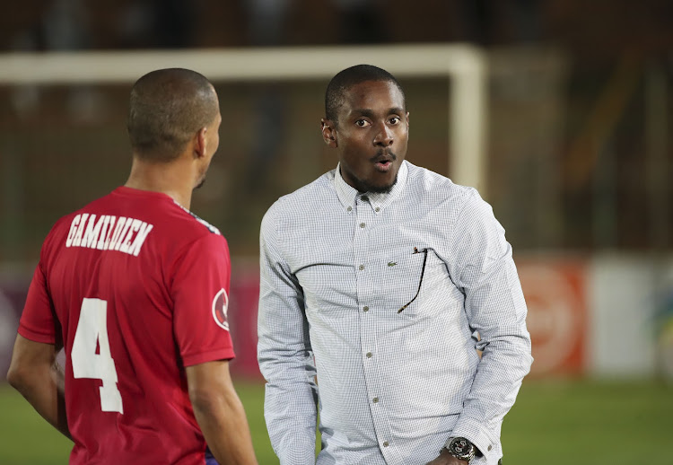 Chippa United coach Rulani Mokwena orders instructions to midfielder Ruzaigh Gamildien during an Absa Premiership on March 7 2020.