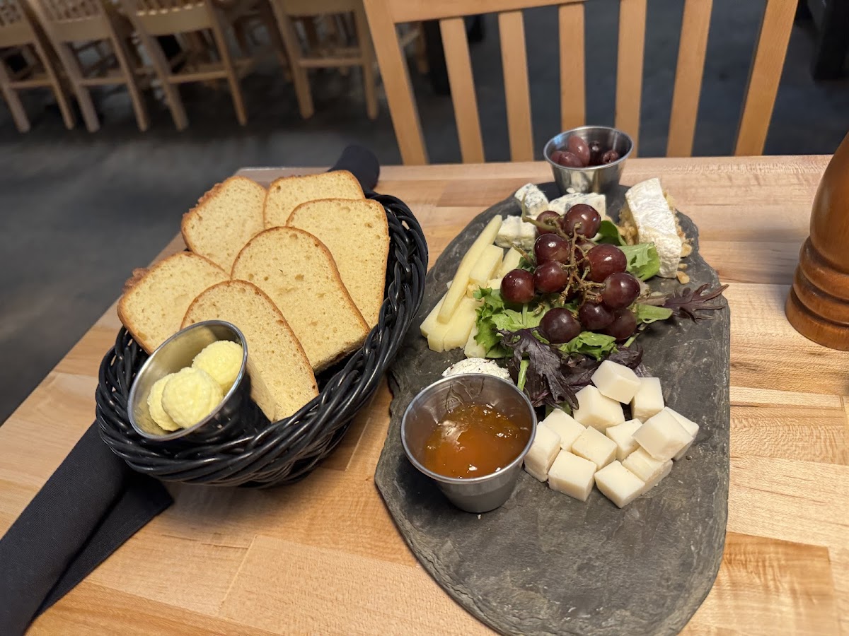 Cheese board and gluten free bread from The Old World Bakery.