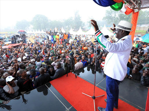NASA Presidential Candidate Raila Odinga during a rally in Kisii, Gusii stadium yesterday.Raila and President Uhuru Kenyatta are among the 16140 candidates who have submitted their self-declaration form for clearance to the EACC ahead of the August 8 polls.Photo/DENNIS KAVISU