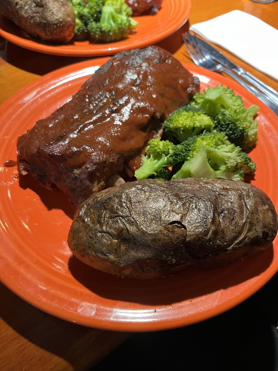 GF BBQ Ribs with baked potato and steamed broccoli