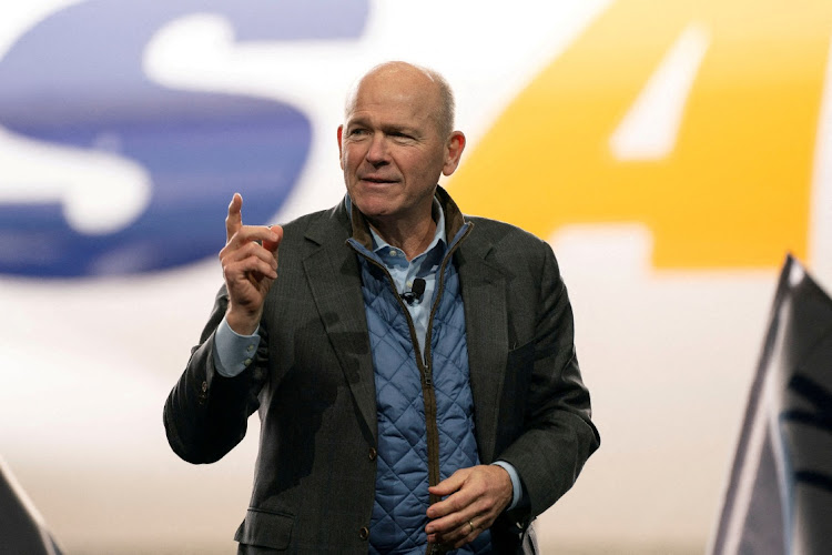 Dave Calhoun, CEO of Boeing, speaks on stage during the delivery of the final 747 jet at their plant in Everett, Washington, US, January 31 2023. Picture: REUTERS/DAVID RYDER