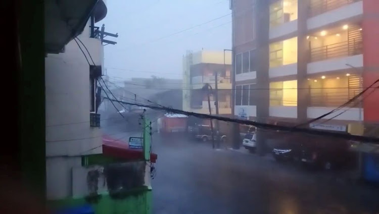 A view of heavy rain during Typhoon Goni in Sorsogon City, Sorsogon, Philippines, on November 1 2020 in this still image taken from video obtained from social media.