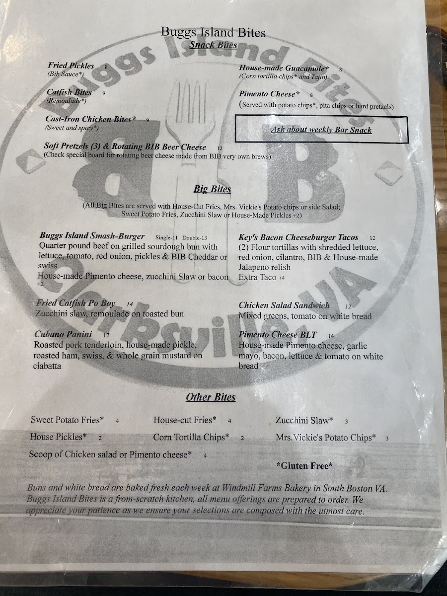 Buggs Island Brewing Company gluten-free menu