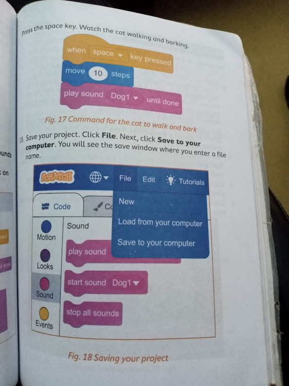A page from the Grade 5 Super Minds Science and Technology learner's book displays Scratch content