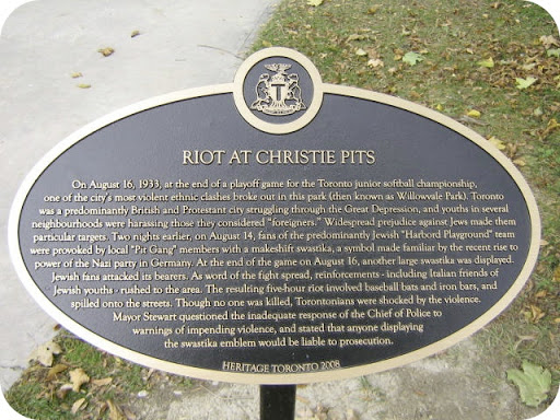 On August 16, 1933, at the end of a playoff game for the Toronto junior softball championship, one of the city's most violent ethnic clashes broke out in this park (then known as Willowvale Park)....