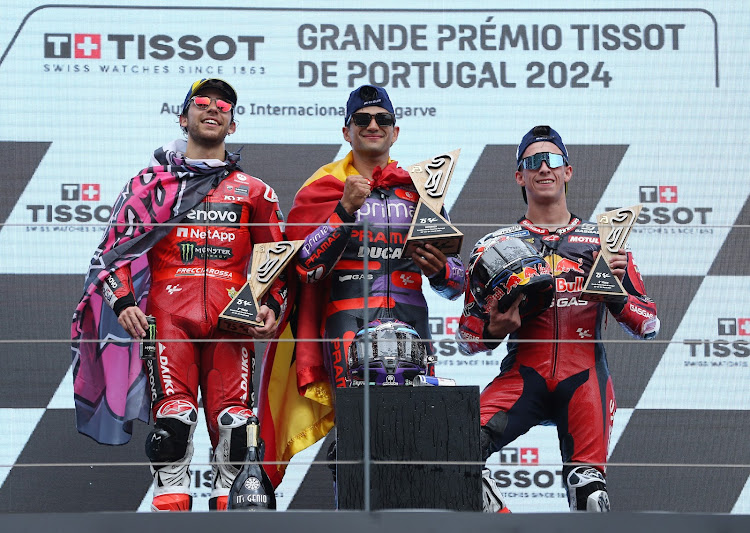 From left Enea Bastianini, Jorge Martin and Pedro Acosta on the Portuguese MotoGP podium. Picture: REUTERS