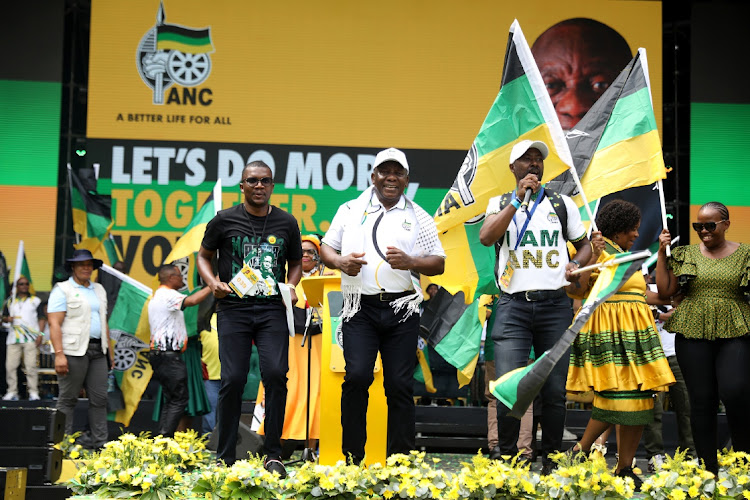 ANC president Cyril Ramaphosa dancing during the party's election manifesto launch at Moses Mabhida stadium in Durban ahead of the general elections this year. Photo: SANDILE NDLOVU