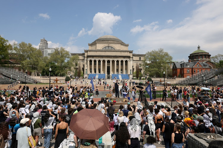 Students gather for a rally in support of a protest encampment on campus in support of Palestinians, despite a 2pm deadline issued by university officials to disband or face suspension, during the ongoing conflict between Israel and the Palestinian Islamist group Hamas, in New York City, US, April 29, 2024.
