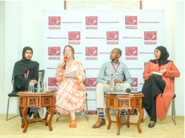Climate Change Reporting panelists at the Kenya Editors Convention in December 2023. From Left: Fakat Kiin, a Reporter with Bilan Media (Somalia), Mary Harper (UNDP), Adrian Topoti (Base Titanium) and Faiza Mohammed a climate activist and Youth Representative from Somalia.