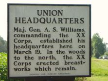 Maj. Gen. A. S. Williams, commanding the XX Corps, established his headquarters here on March 19. In the woods to the north, the XX Corps erected breastworks which remain.Plaque via North Carolina...