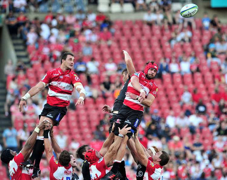 Franco Mostert and Warren Whiteley of the Lions during the 2018 Super Rugby match against the Sharks at Ellis Park Stadium, Johannesburg on 17 February 2018.