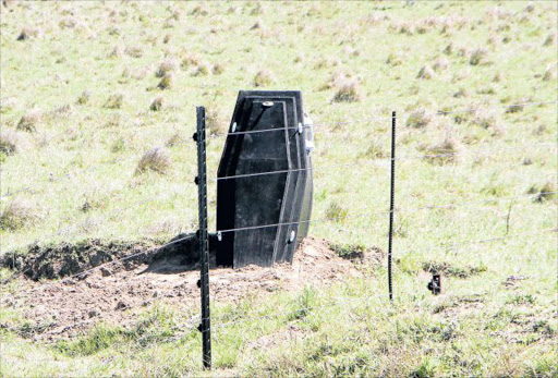 STOP MEASURE: The coffin on a Stutterheim cattle farmer's property is not deterring criminals Picture: BHONGO JACOB