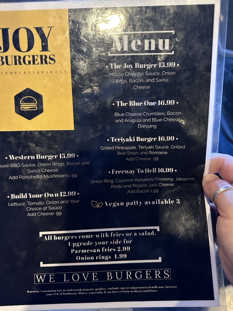 Joy Burgers gluten-free menu