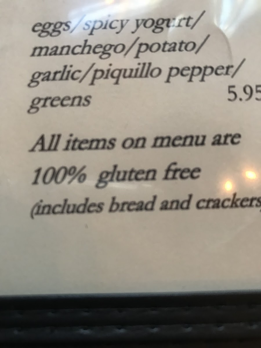 TAPAteria gluten-free menu