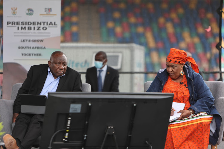 President Cyril Ramaphosa and Free State premier Sisi Ntombela listen to submissions made by irate residents during the second presidential imbizo at Dr Molemela Stadium in Bloemfontein, Free State, on April 9 2022.