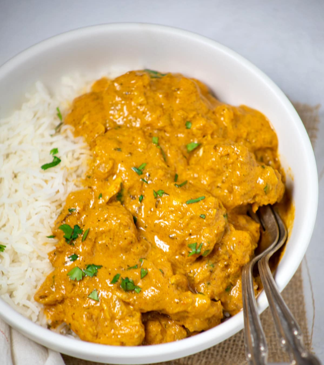 Tasty chicken curry with rice.