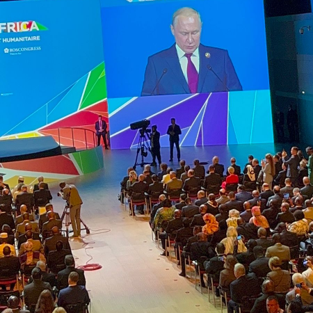 President Vladimir Putin speaking during the opening session of the second Russia - Africa summit on July 27, 2023