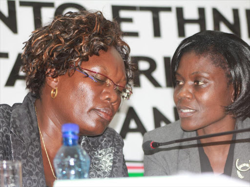 Commissioner of Tana River inquiry chairperson justice Grace Nzioka with vice chair Emily Ominde , at Bima towers Mombasa during the hearing of the witnesses .photo Elkana Jacob