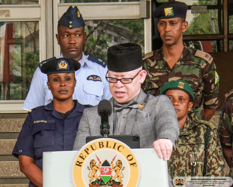 Government Spokesperson Isaac Mwaura speaks at Nyayo House, Nairobi, while issuing an update on the flood situation in the country on Wednesday, May 8, 2024.