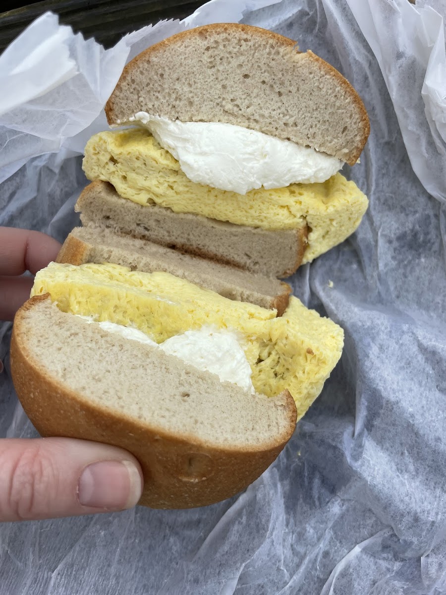 Gluten free cream cheese and egg breakfast sandwich