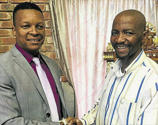 A ROYAL HANDSHAKE:APTION: Eastern Cape-born Ndebele Crown Prince Bulelani Lobengula Khumalo, who is to be enthroned as the King of the Ndebele Kingdom in Zimbabwe next month, 124 years since the nation last had a king, pays a courtesy visit to AmaXhosa King Mpendulo Sigcawu at Nqadu Great Place near Willowvale and to invite him to his coronation in Bulawayo on March 3 Picture: LULAMILE FENI