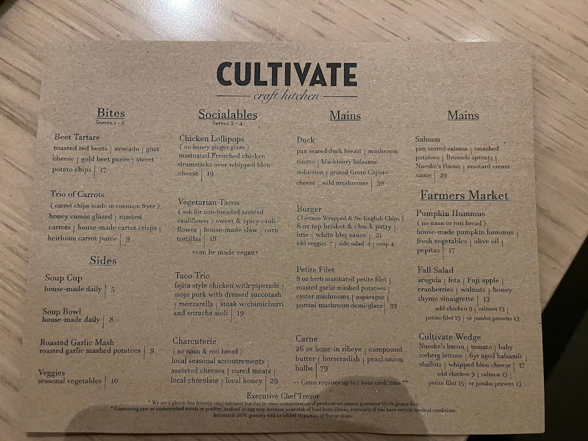 Cultivate Craft Kitchen gluten-free menu