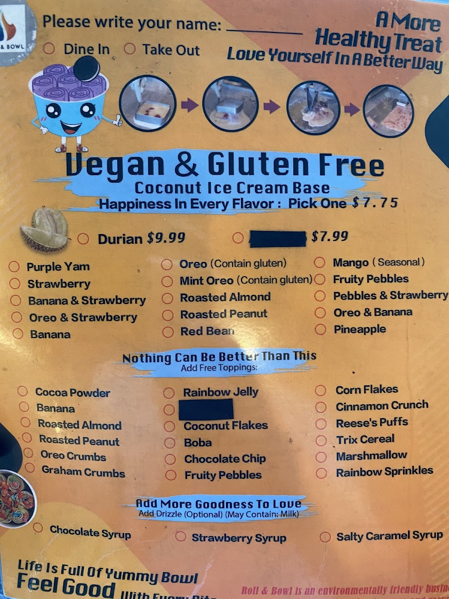 Roll & Bowl gluten-free menu