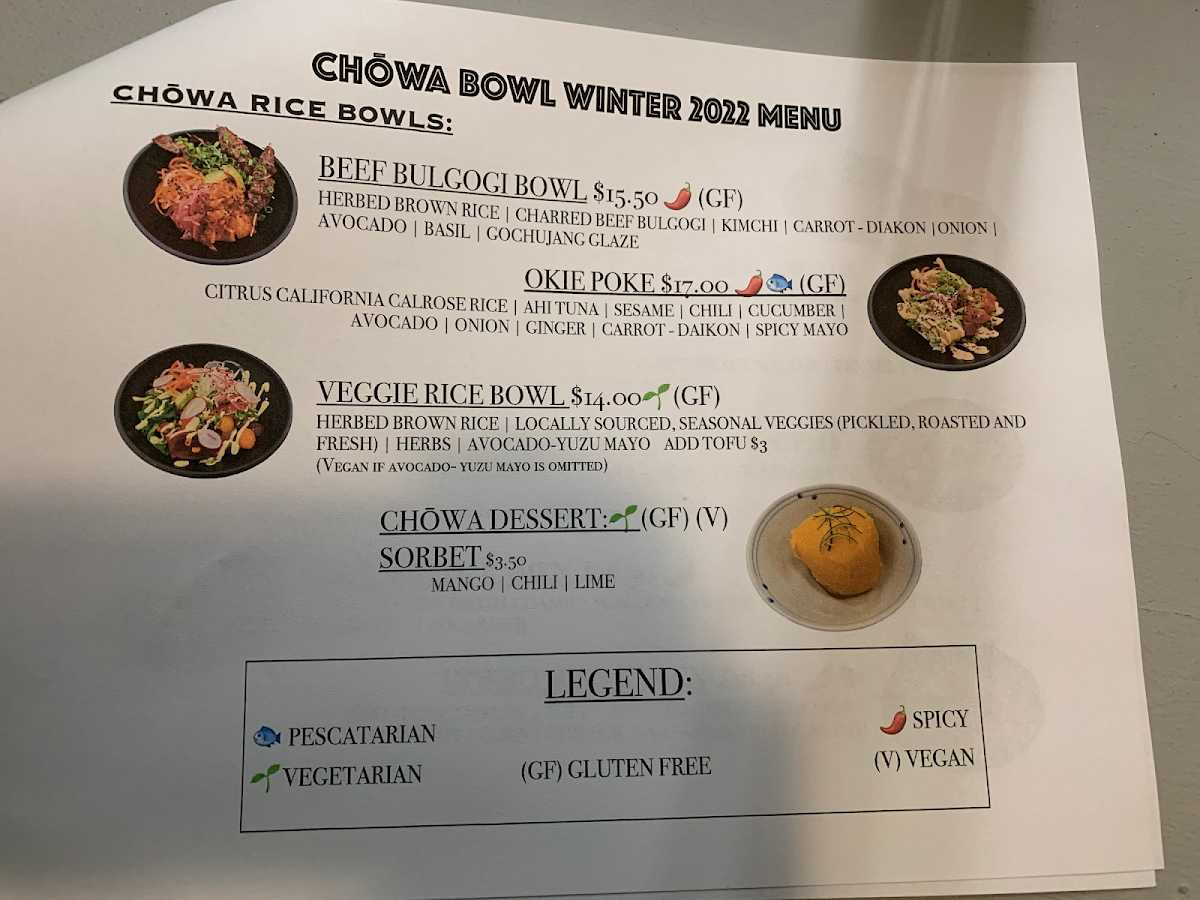 Chowa Bowl gluten-free menu