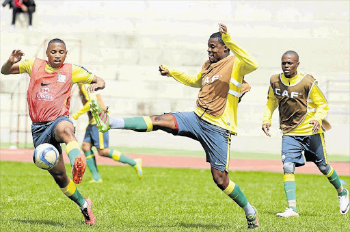 DRESS-REHEARSAL: Andile Jali and Thamsanqa Gabuza, seen here during a training session, will be key men when Bafana Bafana take on Cameroon in Limbe tomorrow Picture: GALLO IMAGES