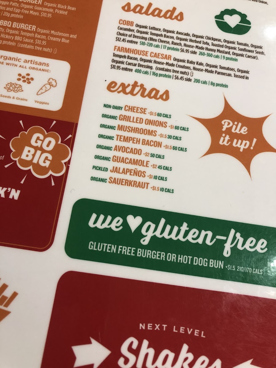 Next Level Burger gluten-free menu