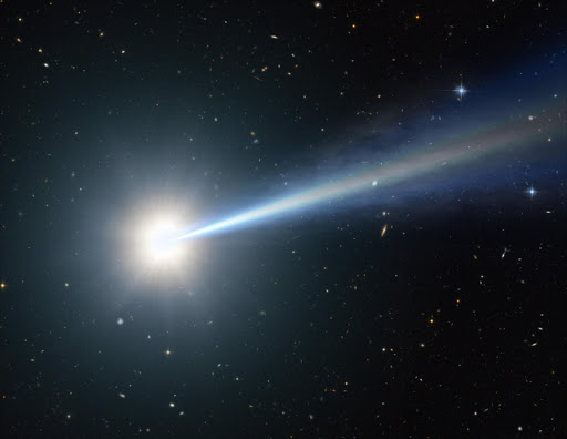 This artist's impression of one of the most distant, oldest, brightest quasars ever seen is hidden behind dust. The quasar dates back to less than one billion years after the big bang. The dust is also hiding the view of the underlying galaxy of stars that the quasar is presumably embedded in.
