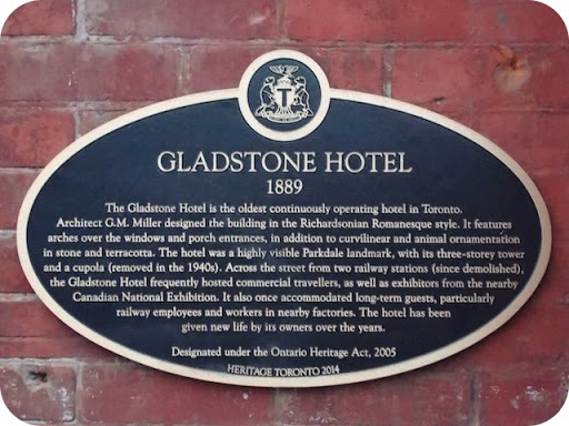 The Gladstone Hotel is the oldest continuously operating hotel in Toronto. Architect G.M. Miller designed the building in the Richardsonian Romanesque style. It features arches over the windows...