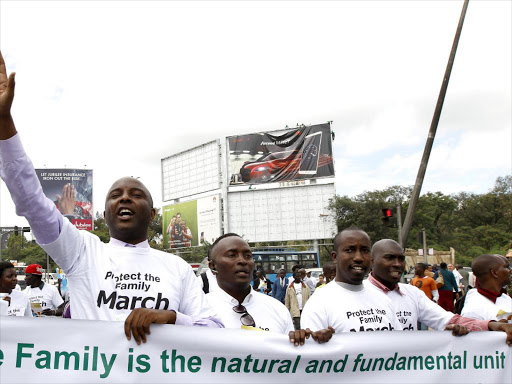 Legislator Irungu Kiharu leads the anti-gay caucus as they chant slogans against the lesbian, gay, bisexual, and transgender (LGBT) community during a march along the streets in Kenya's capital Nairobi July 6, 2015. Photo/REUTERS
