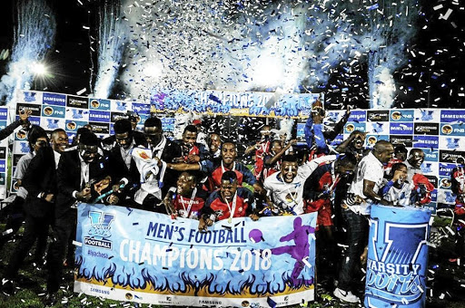 The Tshwane University of Technology football team celebrating their victory after being crowned Varsity Football champions.