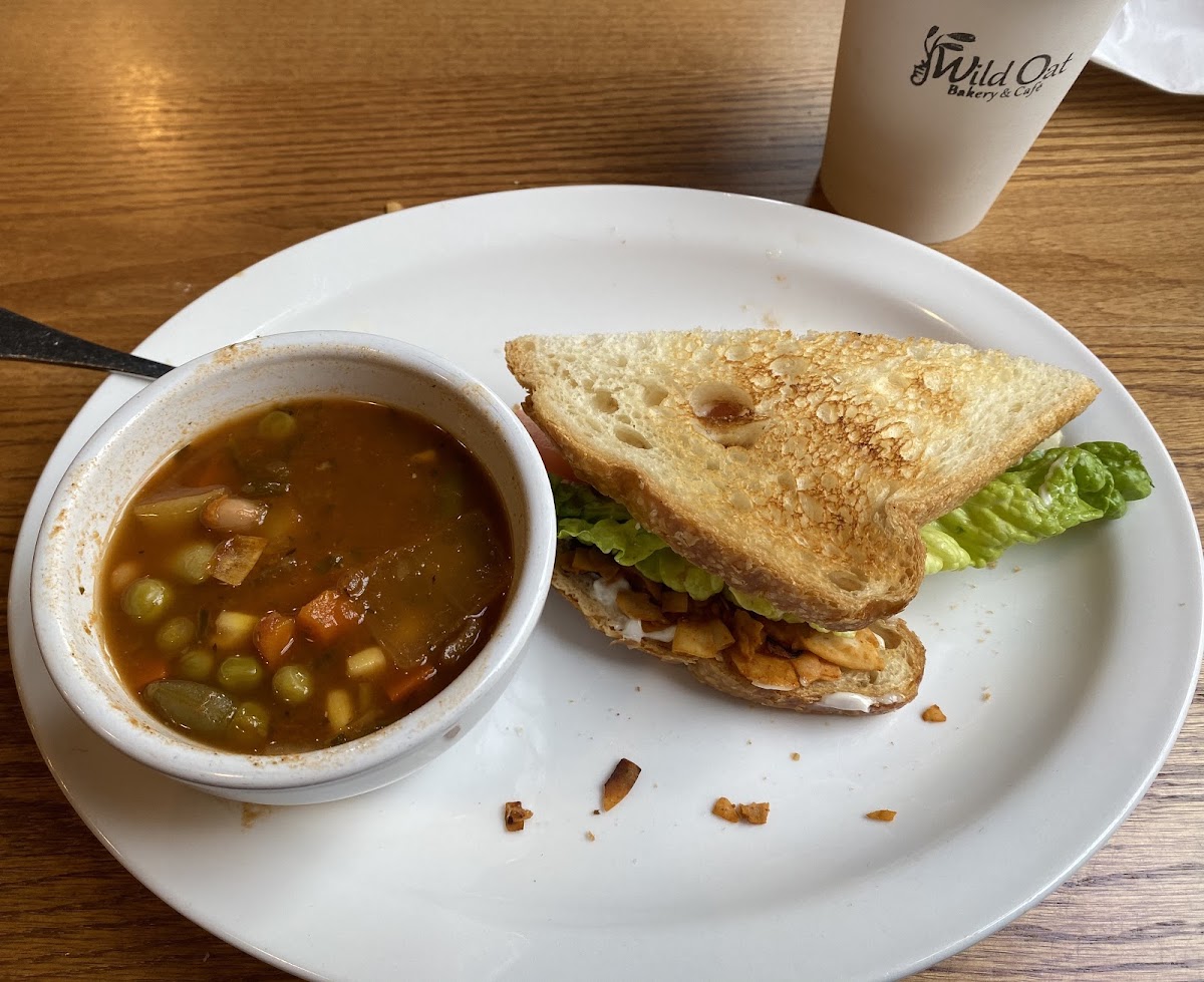 Vegan, gluten free BLT Sandwich with toasted coconut replacing the bacon. Side of veggie soup. I ate the other half before I thought of taking a photo.