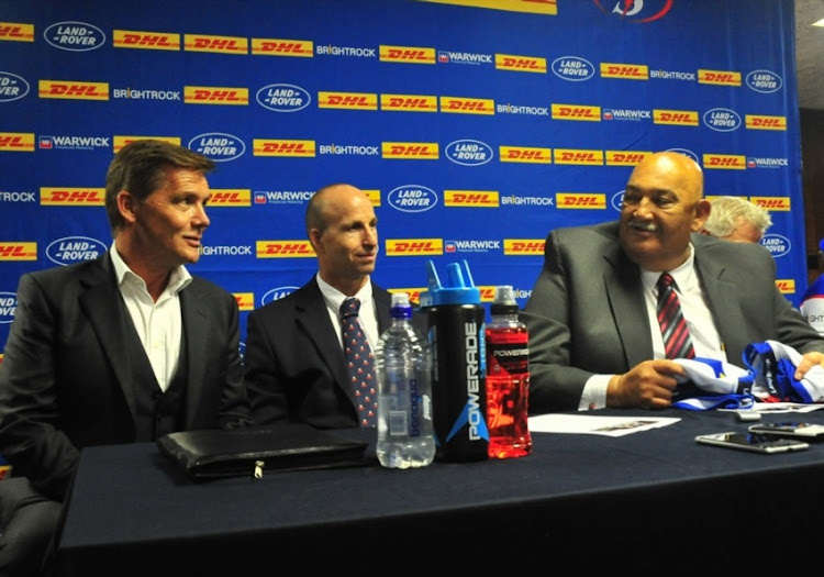 Ian Kilbride (CEO of Warwick), Paul Zacks (Western Province Rugby Group CEO) and Thelo Wakefield (WP Rugby Football Union President) during the DHL Stormers training session and press conference at DHL Newlands Stadium on February 15, 2018 in Cape Town, South Africa.