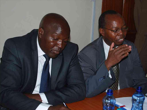 Nakuru PSB chairman Waithanji Mutiti and secretary John Mbugua before ad hoc committee on Tuesday / BEN NDONGA