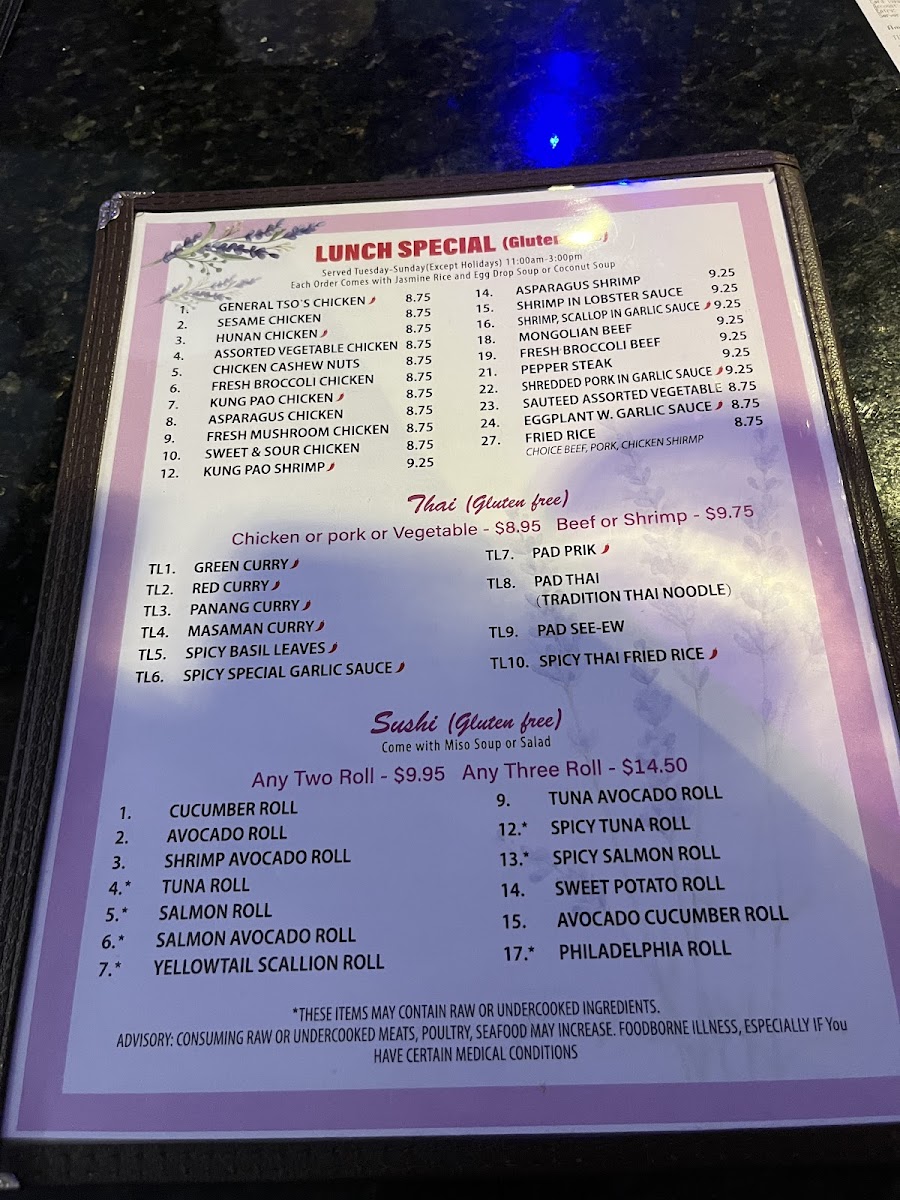 Lavender Asian Bistro gluten-free menu