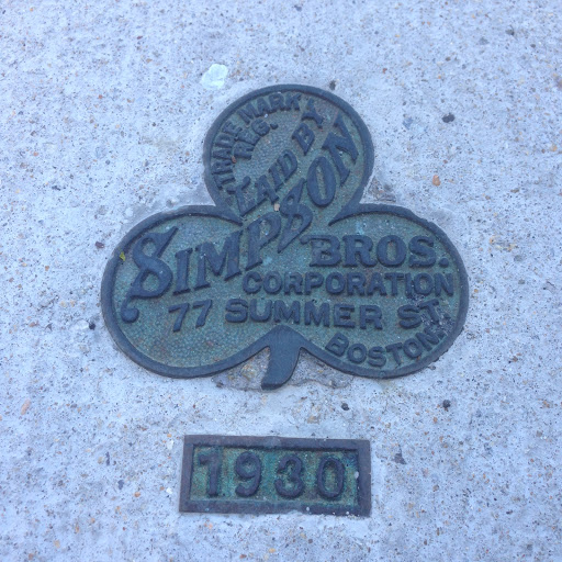 "Trade Mark Reg. Laid by Simpson Bros. Corporation 77 Summer St. Boston" "1930" A combination of 2 plaques indicating the sidewalk concrete company and the year. There other plaques in the same...